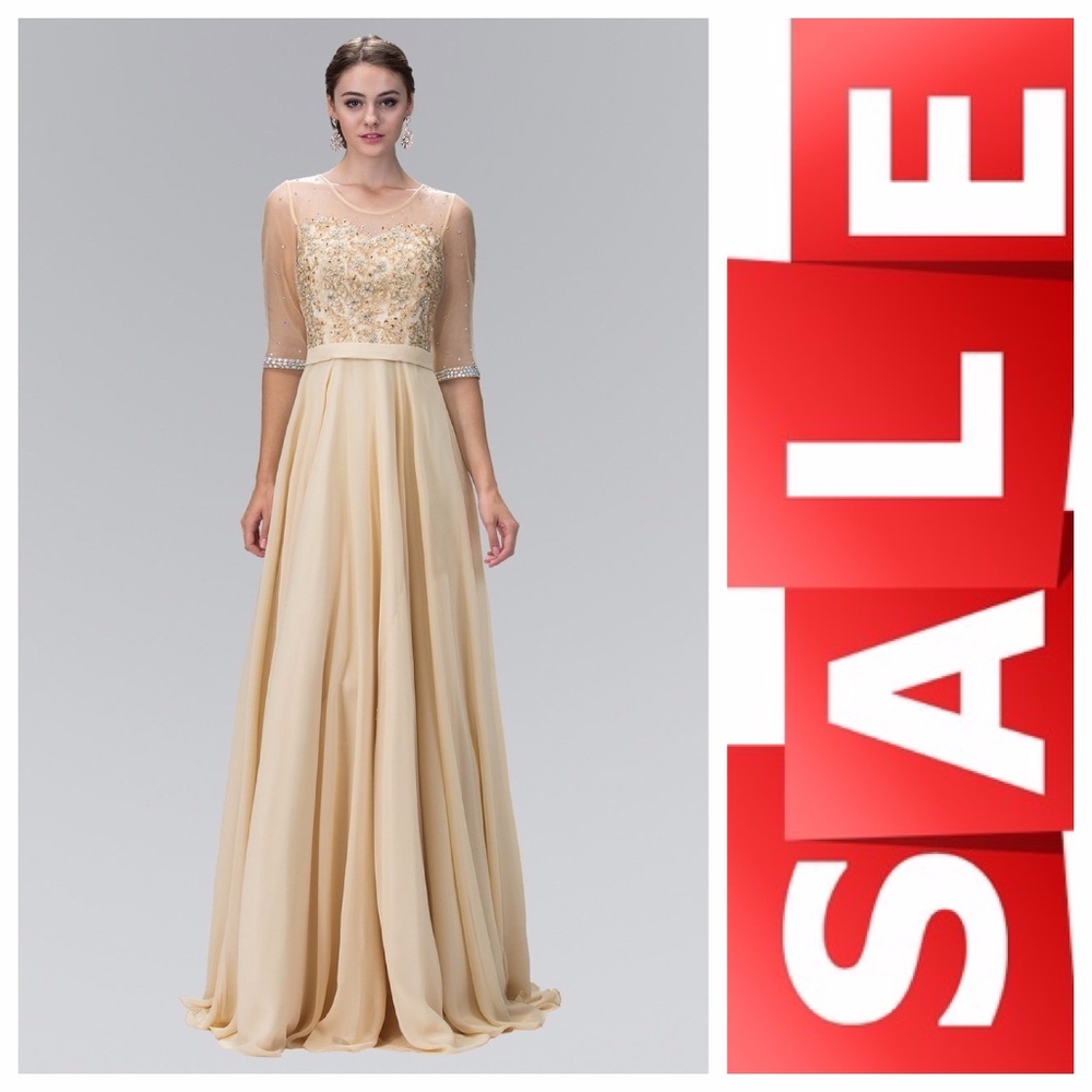 EMBELLISHED ILLUSION BATEAU NECK LONG GOWN